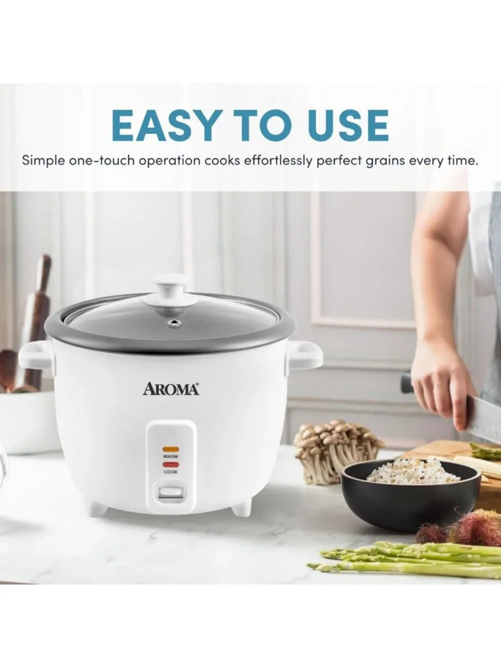 8-Cup Rice Cooker & Soup Warmer, One-Touch Control, 4 Qt, Easy Clean, White